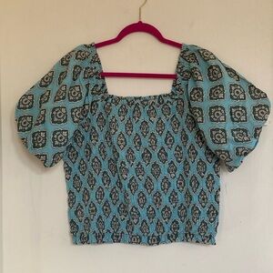 Maurices Womens Blue Smocked Top Size XL Boho Puff Sleeves Cottagecore Gypsy